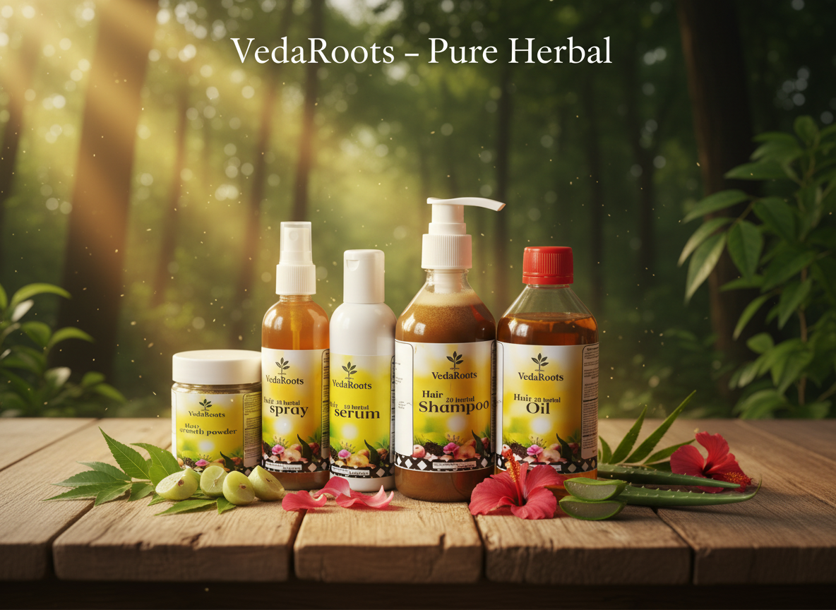 VedaRoots pure herbal products on a wooden table with a forest background