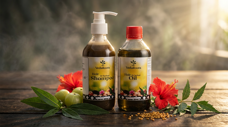 Ayurvedic herbal shampoo and hair oil for hair fall and dandruff